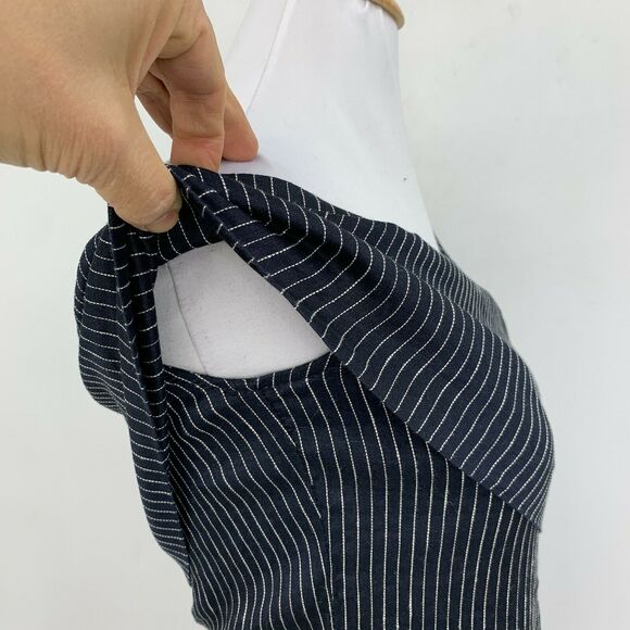 Beaufille Pinstripe One Sleeve Canopy Dress Size 4 Navy Linen Blend Stretch - Picture 9 of 13